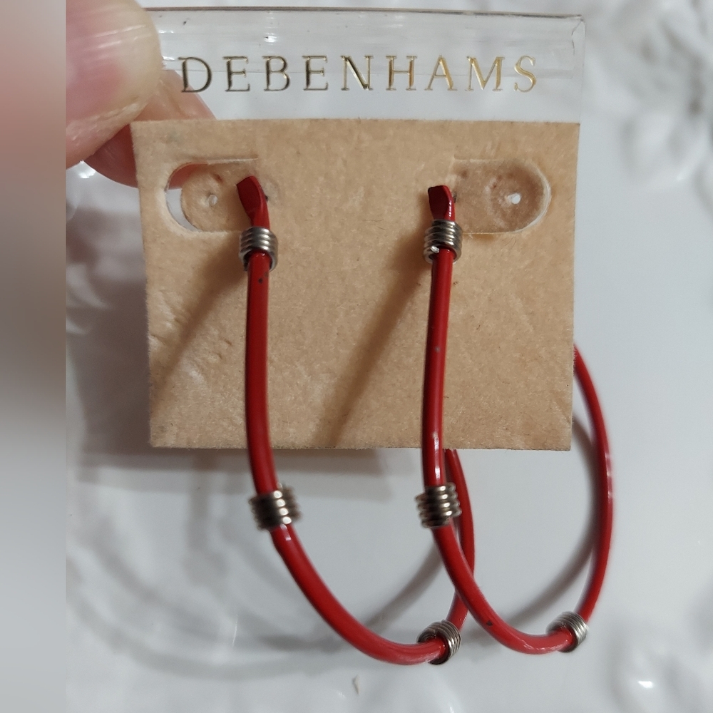 Debenhams Vintage Silver/Red Enamel Hoop Earrings